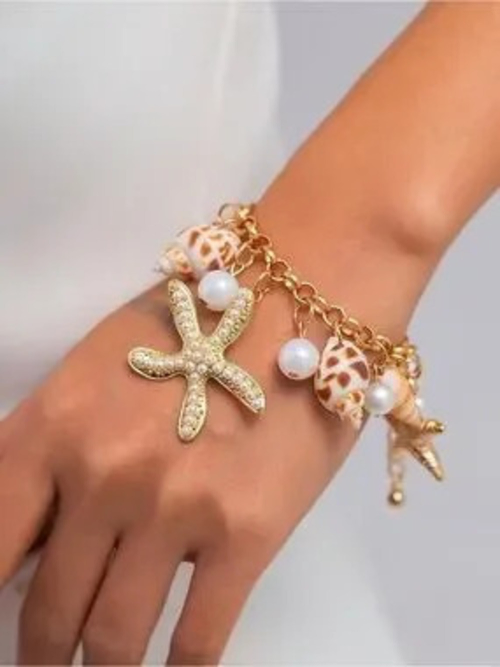 Anthropologie Gold Starfish Charm Bracelet with Pearl & Shell Accents
